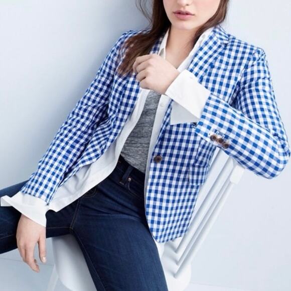 J Crew 100% Linen Campbell Blazer Jacket Navy Blue White Gingham Check Size 0 - Picture 6 of 14